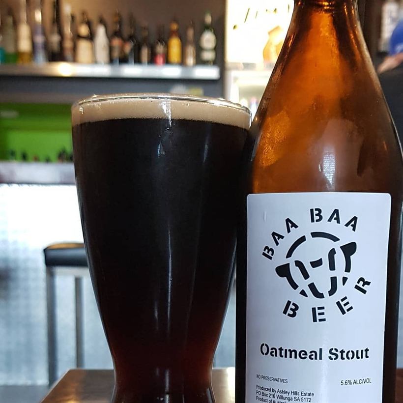 Glass and bottle of Baa Baa Oatmeal Stout